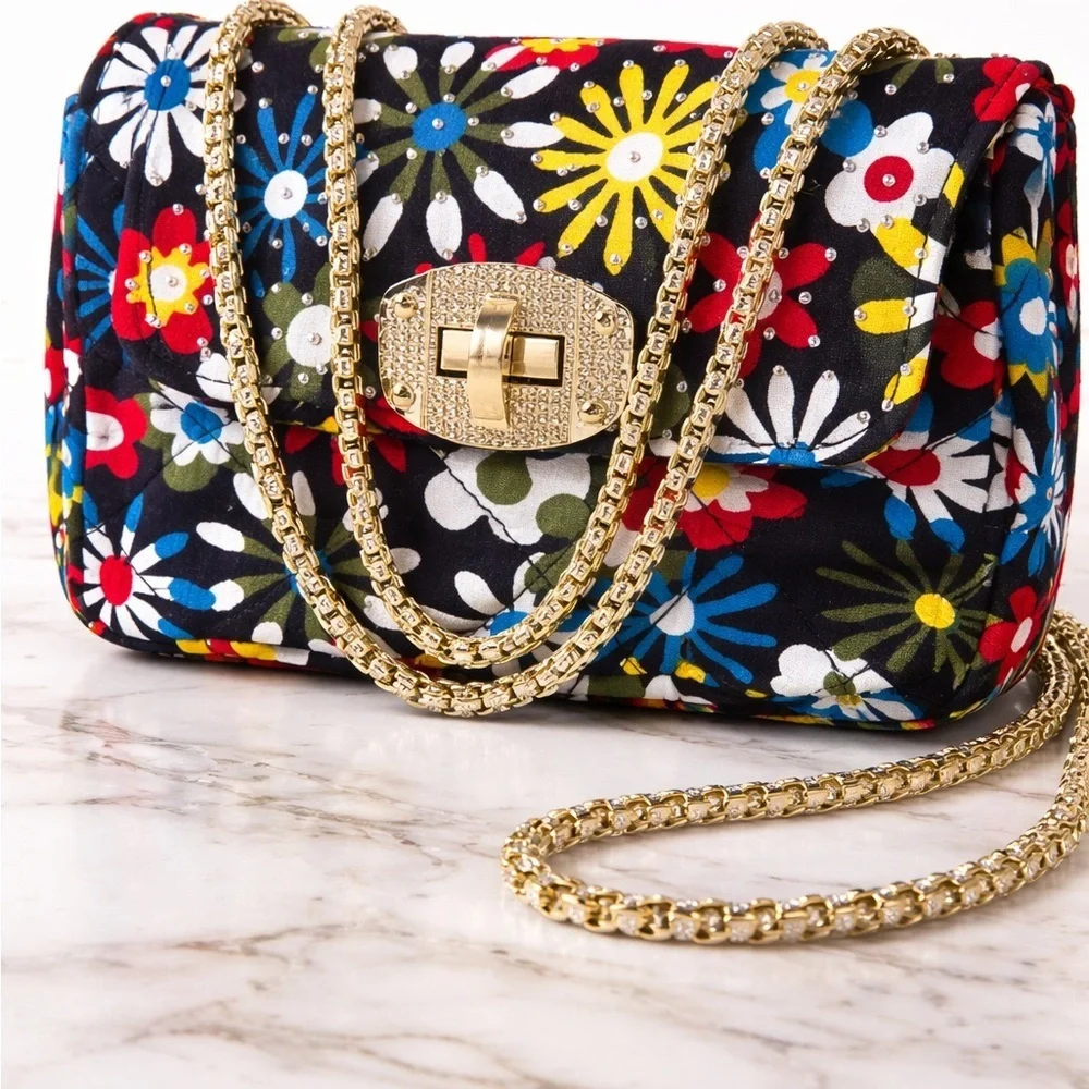 Floral Pattern Black Chain Shoulder Bag
